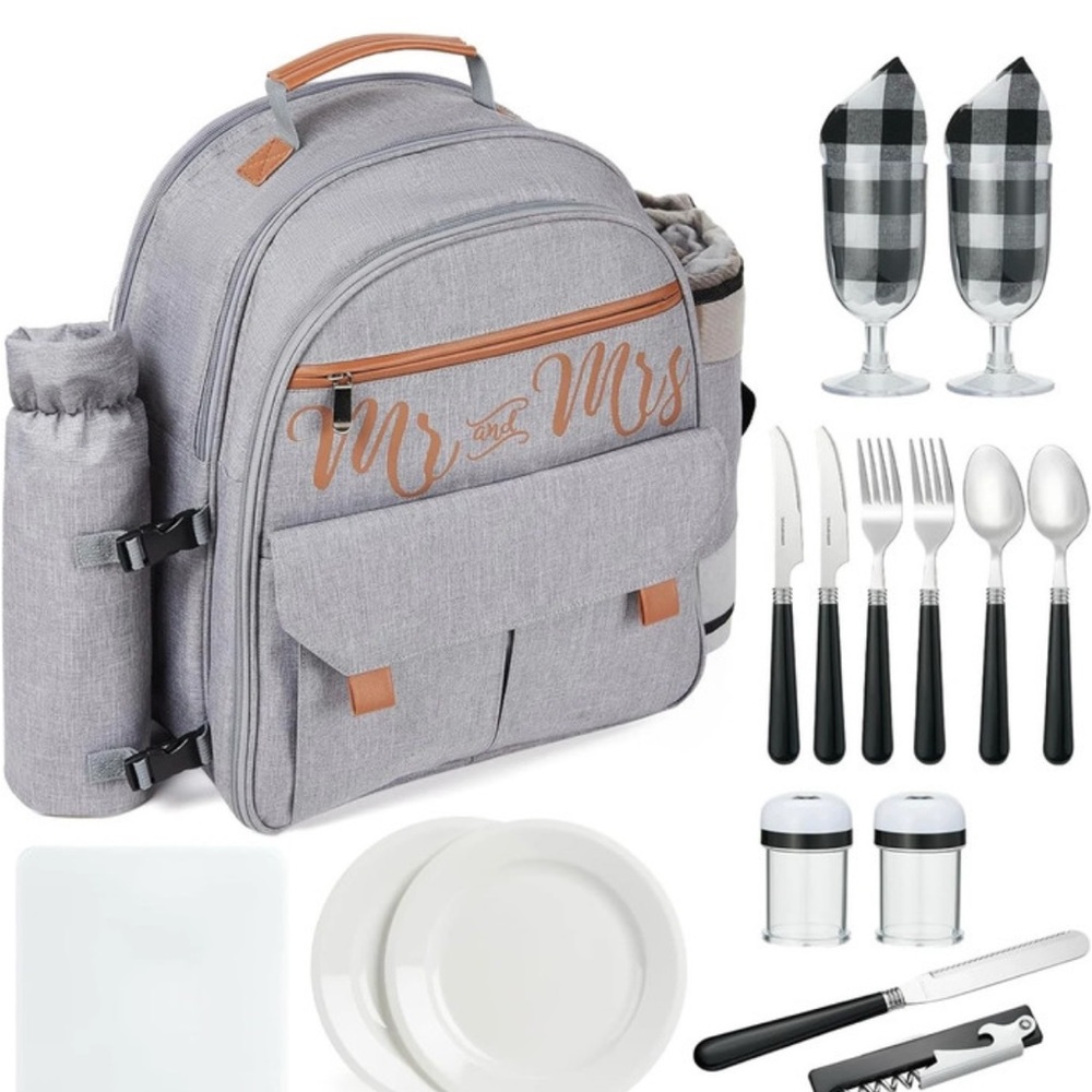 Elegant Gray Picnic Backpack Set for Two